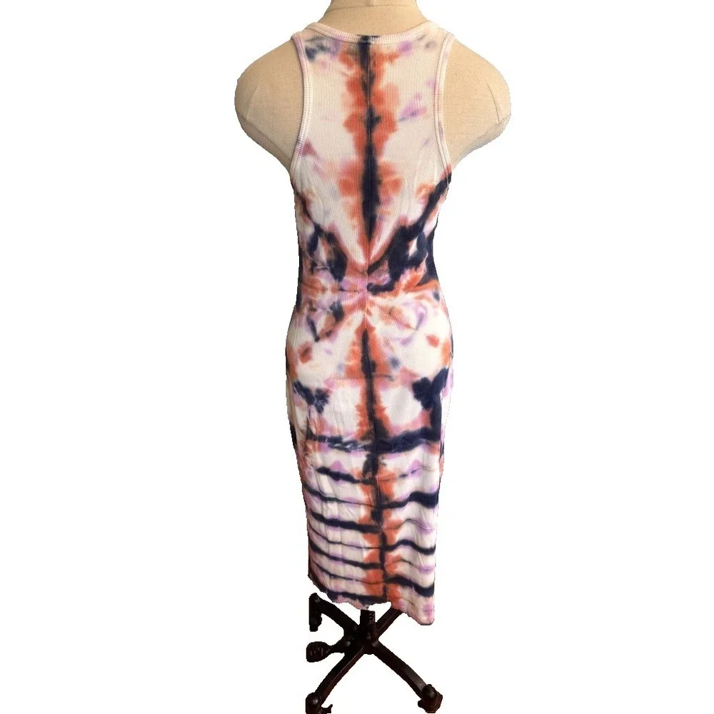 YFB Tie Dye Ribbed Midi Tank Dress Womens S Racerback Bodycon White Blue Pink